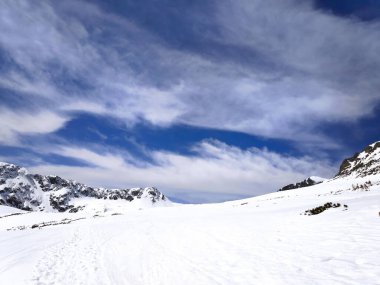 Beautiful panorama in winter Tatry mountains, Five Lakes Valley, Dolina Pieciu Stawow with snow. Phone photo