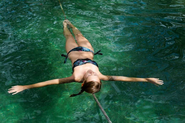 Pretty Young Caucasian Female Tourist Swimming Corchito Ecological Reserve Progreso — Stock Photo, Image