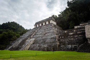 Meksika 'daki Palenque arkeolojik sahasında güzel piramitler. Canlı manzara fotoğrafı..