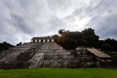 Meksika 'daki Palenque arkeolojik sahasında güzel piramitler. Canlı manzara fotoğrafı..