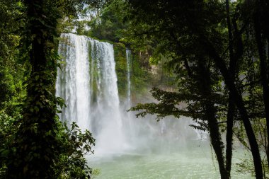 Palenque, Meksika yakınlarındaki Chiapas 'taki Misol Ha şelalesinin güzel manzarası. Canlı manzara fotoğrafı..