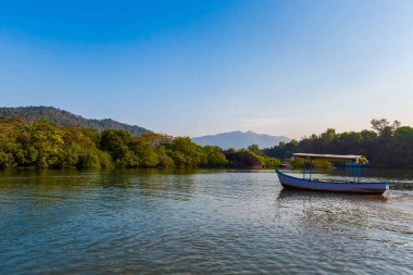 Goa, Hindistan 'da ünlü Palolem plajında mavi gökyüzü ve tekneyle çekilmiş güzel manzara fotoğrafı..