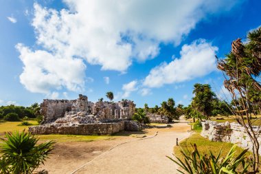 Güneşli bir günde Meksika 'nın Tulum şehrinde çekilen Maya harabelerinin güzel Karayip manzara fotoğrafı.