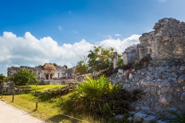 Güneşli bir günde Meksika 'nın Tulum şehrinde çekilen Maya harabelerinin güzel Karayip manzara fotoğrafı.