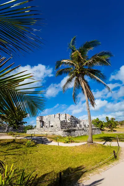 Güneşli bir günde Meksika 'nın Tulum şehrinde çekilen Maya harabelerinin güzel Karayip manzara fotoğrafı.