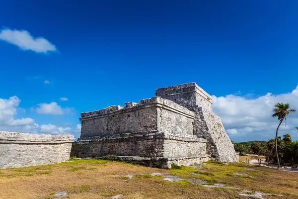Güneşli bir günde Meksika 'nın Tulum şehrinde çekilen Maya harabelerinin güzel Karayip manzara fotoğrafı.