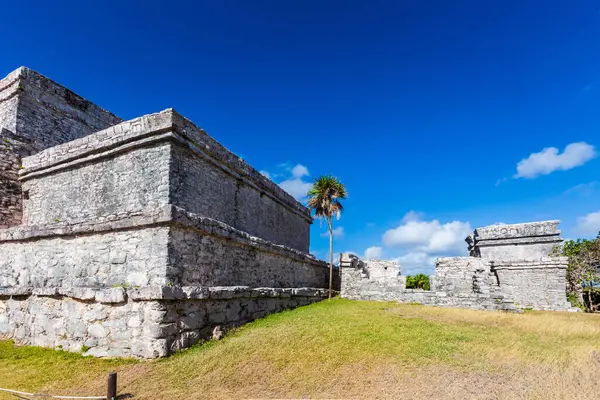 Güneşli bir günde Meksika 'nın Tulum şehrinde çekilen Maya harabelerinin güzel Karayip manzara fotoğrafı.