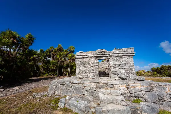 Güneşli bir günde Meksika 'nın Tulum şehrinde çekilen Maya harabelerinin güzel Karayip manzara fotoğrafı.