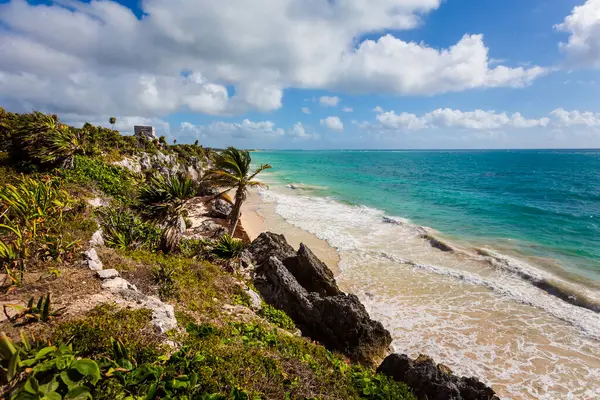 Güneşli bir günde Meksika 'nın Tulum şehrinde çekilen Maya harabelerinin güzel Karayip manzara fotoğrafı.