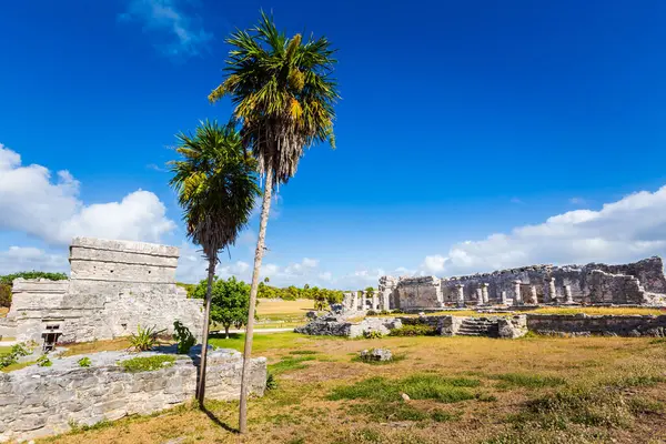 Güneşli bir günde Meksika 'nın Tulum şehrinde çekilen Maya harabelerinin güzel Karayip manzara fotoğrafı.