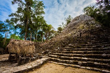 Meksika 'daki Coba arkeolojik sahasında güzel piramitler. Maya köyünün canlı manzara fotoğrafı.