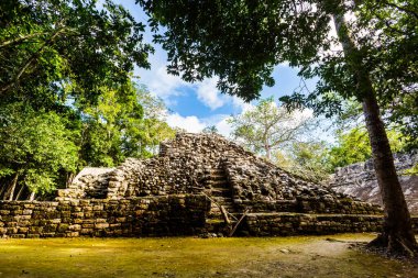 Meksika 'daki Coba arkeolojik sahasında güzel piramitler. Maya köyünün canlı manzara fotoğrafı.