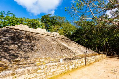 Meksika 'daki Coba arkeolojik sahasında güzel piramitler. Maya köyünün canlı manzara fotoğrafı.