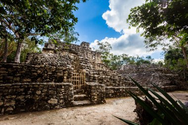 Meksika 'daki Coba arkeolojik sahasında güzel piramitler. Maya köyünün canlı manzara fotoğrafı.