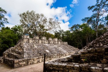 Meksika 'daki Coba arkeolojik sahasında güzel piramitler. Maya köyünün canlı manzara fotoğrafı.