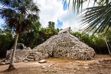 Meksika 'daki Coba arkeolojik sahasında güzel piramitler. Maya köyünün canlı manzara fotoğrafı.