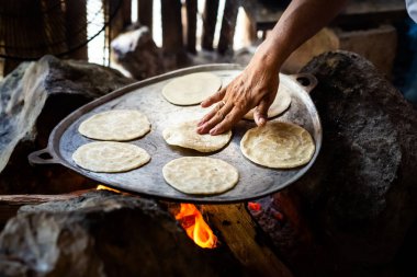 Coba arkeoloji sahasındaki geleneksel Maya köyünde lezzetli yiyecekler, Meksika. 