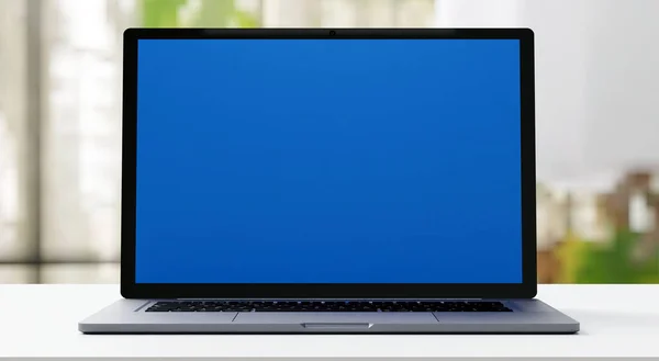 Büroarbeitsplatz Mit Notebook Laptop Computer Blue Screen Attrappe Rendering — Stockfoto