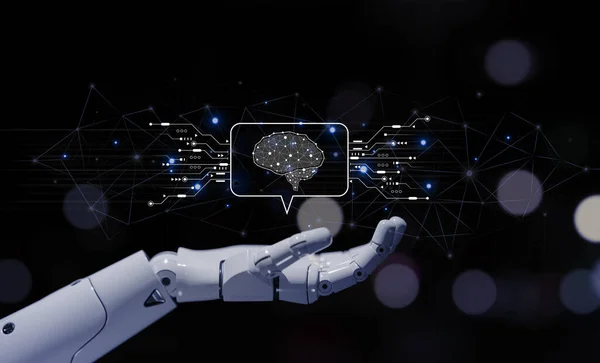 Futuristisk Kommunikation Robot Hand Röst Chattar Med Sociala Ikoner Och — Stockfoto