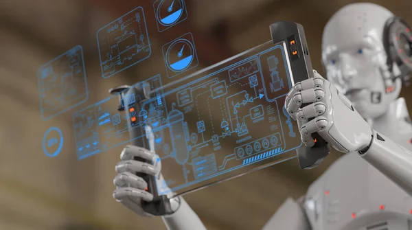 Kliv Framtidens Tillverkning Med Fängslande Illustration Robot Som Undersöker Produktionsprocessen — Stockfoto