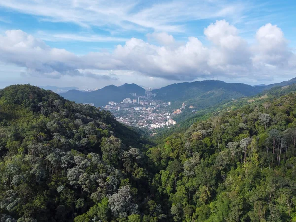 Mavi güneşli bir günde hava manzaralı bir orman. Arka plan Ayer İtam kasabası.