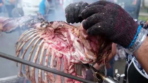 Gurney Penang Malasia Ago 2022 Cierre Cordero Carne Asada Cortada — Vídeo de stock