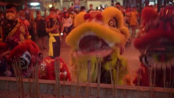 Джорджтаун Пенанг Малайзия Января 2022 Три Танца Льва Молятся Перед — стоковое видео