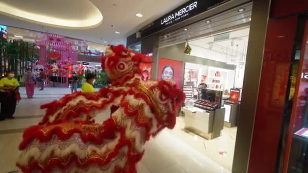 グルニー ペナン マレーシア 2022年2月8日 赤いライオンダンスは化粧品店ローラ マーシエを祝福 — ストック動画