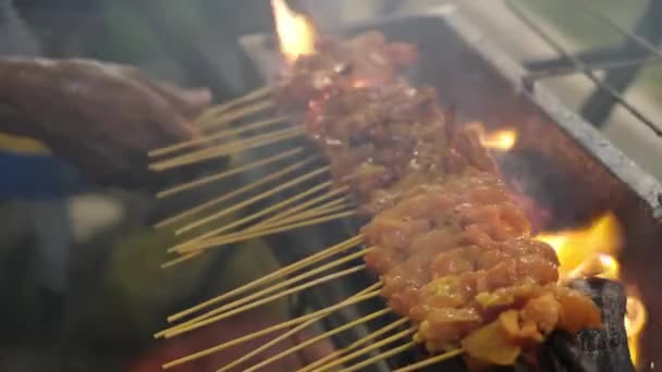 炭火焼きに火と煙で鶏のサテを串刺し おいしいマレーシアのストリートフード — ストック動画