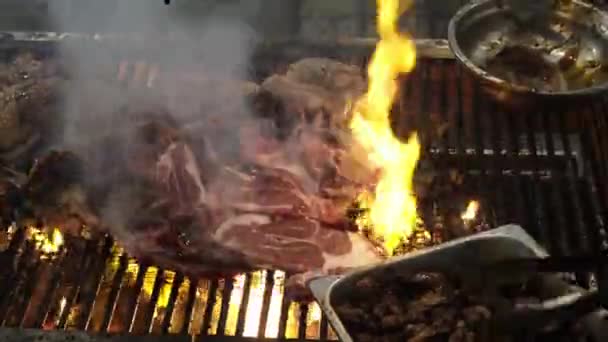 羊肉是在炭火上烹调的 美味的马来西亚街头食物 — 图库视频影像