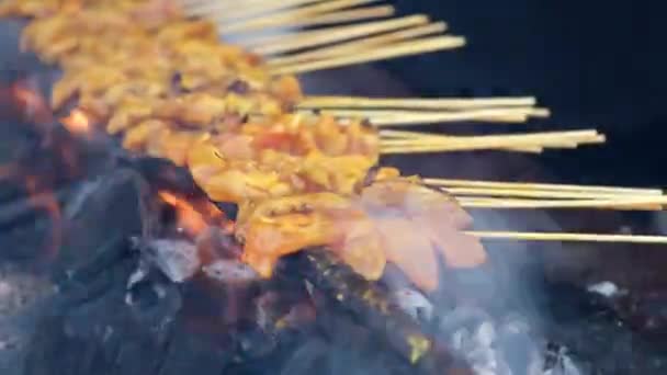 Satay Food Grill Auf Holzkohlegrill — Stockvideo