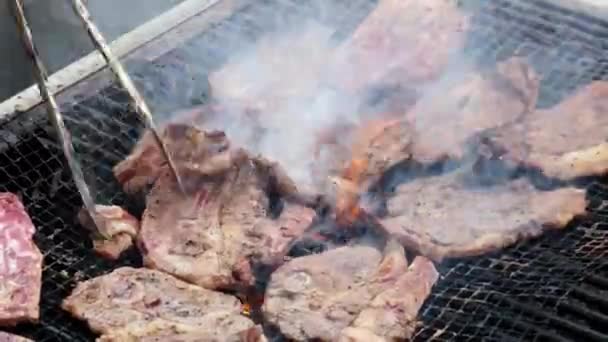 Selecionar Foco Carne Carneiro Virar Fogão Grill — Vídeo de Stock