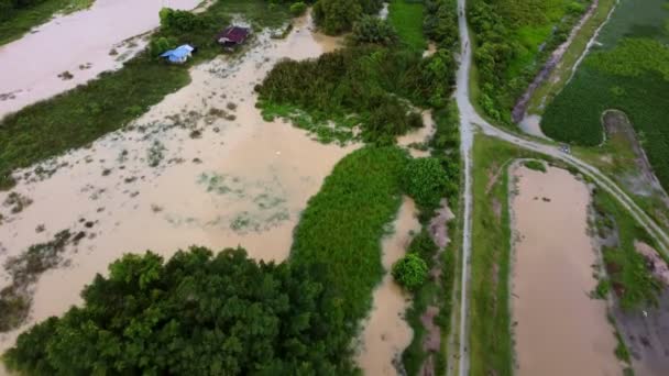 Дрони Літають Над Селом Потопу Малайзії — стокове відео
