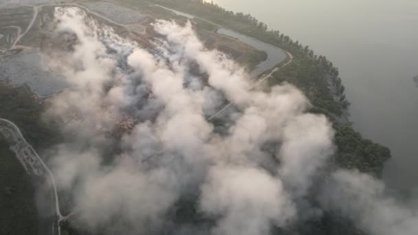 Aerial View White Smoke Release Burning Garbage Dump Site — Stock Video