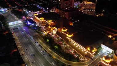 Sunway, Selangor, Malaysia - Nov 09 2022: Drone shot slow move toward facade of lion statue at Sunway Pyramid