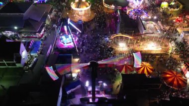 Sungai Nibong, Penang, Malaysia - Dec 31 2022: Aerial view light trail at fun fair Pesta Pulau Pinang