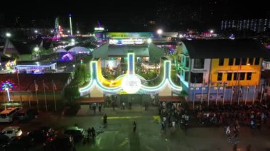 Sungai Nibong, Penang, Malaysia - Dec 16 2022: Aerial view people visit the entrance of Pesta Pulau Pinang