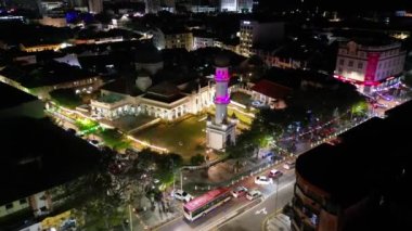 Georgetown, Penang, Malaysia - Dec 31 2022: Aerial view Masjid Kapitan Keling with led light