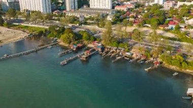 Aerial hyperlapse move away fishing village at Jelutong. Pulau Pinang, Malaysia