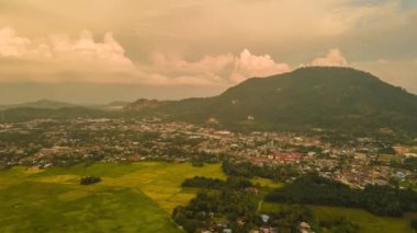 Drone shot hyperlapse over yellow paddy field toward town