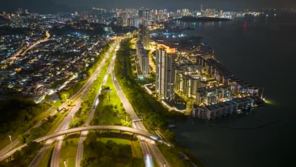 Aerial View Hyperlapse Light City Penang Bridge Highway Interchange Car — Stockvideo