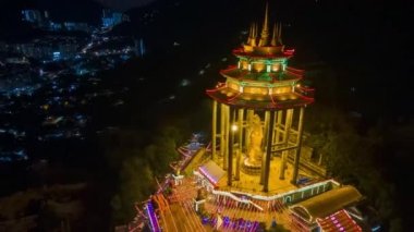 Georgetown, Penang, Malaysia - Feb 19 2022: Drone shot hyperlapse fly from Goddess of Mercy Pavilion