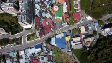 Aerial top down view small town at Batu Ferringhi, Penang
