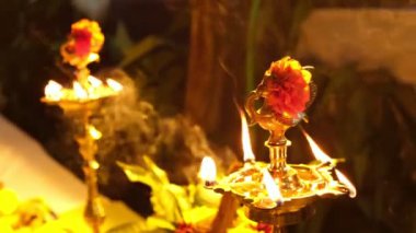 Hindu oil lamp in close up used for Hindu ritual perform
