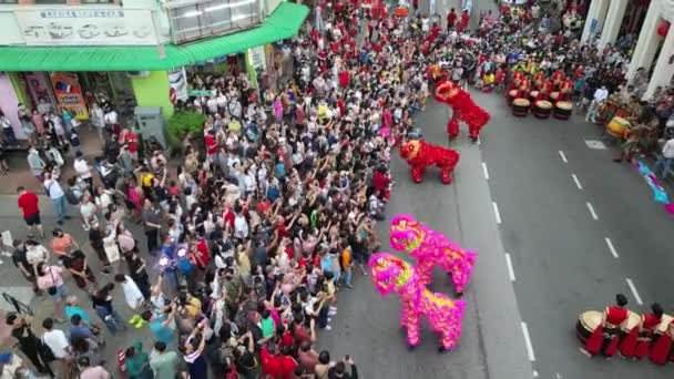 Georgetown Penang Malaysia Jan 2023 Χορός Λιονταριού Αεροφωτογραφία Στο Δρόμο — Αρχείο Βίντεο
