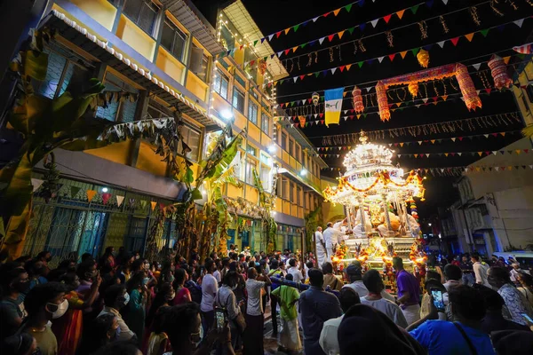 stock image George Town, Penang, Malaysia - Jan 19 2022: Silver Chariot arrive Nagarathar Kovil Veedu temple during Thaipusam