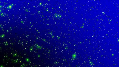 Yeşil parçacık animasyon arkaplanı maviyle yanıp sönüyor. 2B bilgisayar oluşturma şablonu