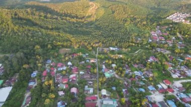 Akşam vakti yağlı palmiye ağaçlarıyla çevrili Malezya 'nın küçük bir kasabasının havadan görünüşü