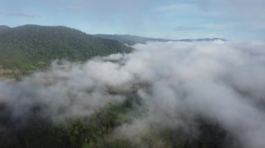 Tepenin yamaçlarında alçak bulutlarla çevrili verimli bir tarla perspektifi.