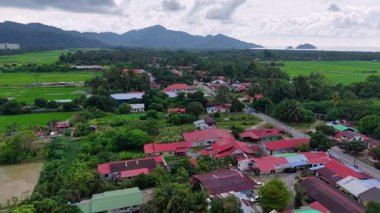 Balik Pulau, Penang, Malezya - 25 Kasım 2024: Evleri ve yeşil çatısı olan küçük bir kasaba